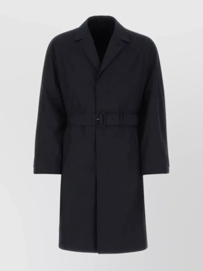 Prada Belted Cotton Overcoat With Back Slit In Black