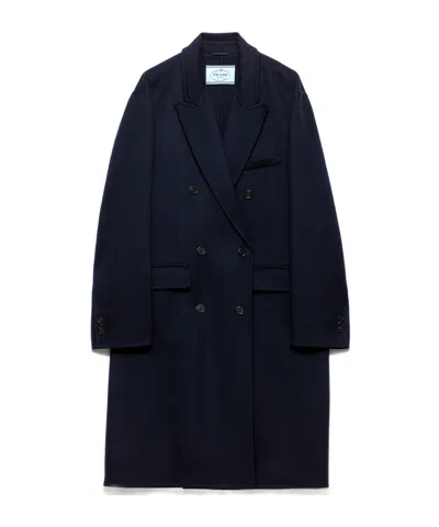 Prada Belted Faux Fur-trim Coat In Blue