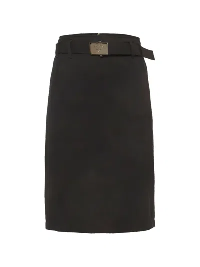 Pre-owned Prada Belted Gabardine Pencil Midi Skirt In Black