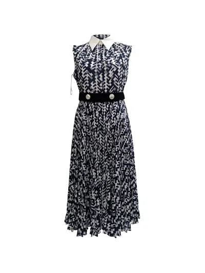 Pre-owned Prada Belted Geometric-print Dress In Blue