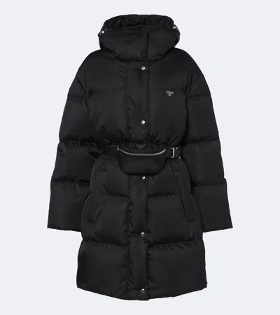 Prada Belted Hooded Re-nylon Down Coat In Black