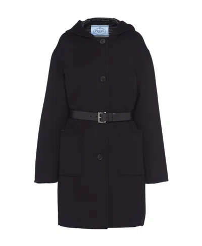 Prada Hooded Double-face Coat With Leather Belt In Black/gray