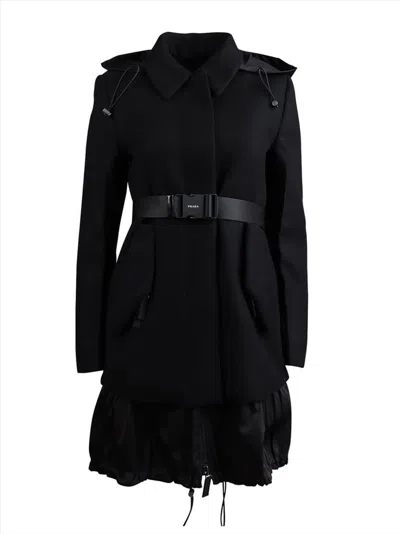 Prada Belted Layered Coat In Black