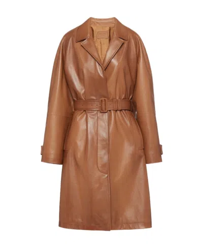 Prada Belted Leather Trench Coat In Caramel