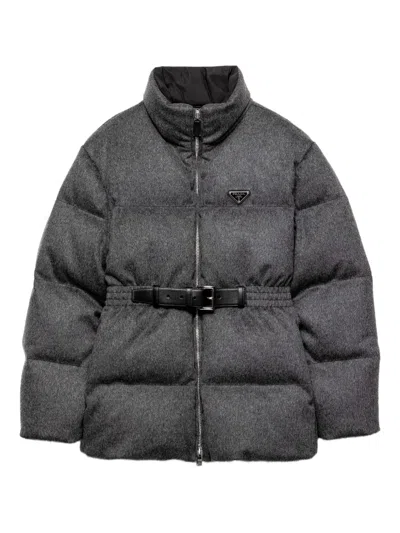 Prada Belted Logo-plaque Down Jacket In Blue