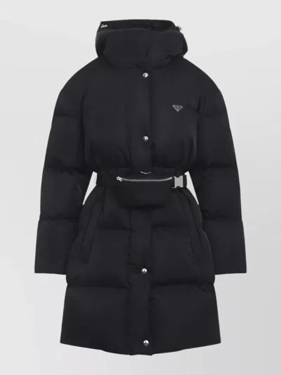 Prada Belted Long Down Coat Hood And Pouch In Black