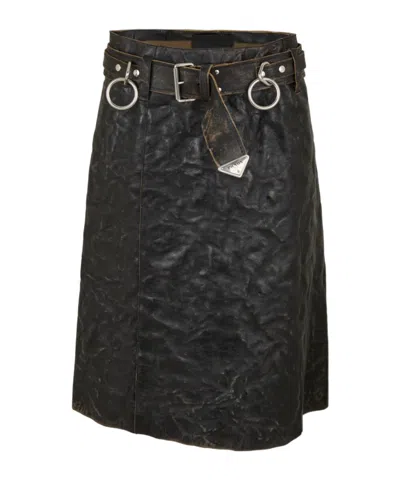 Prada Belted Midi Skirt In Brown