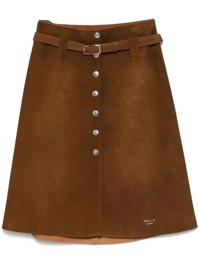 Prada Belted Midi Skirt In Brown