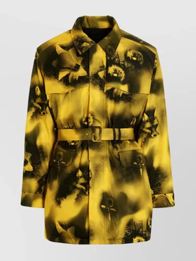 Prada Belted Nylon Parka With Collared Neck In Yellow