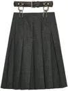 Prada Suspended Leather Belt Pleated Wool Skirt In Grey