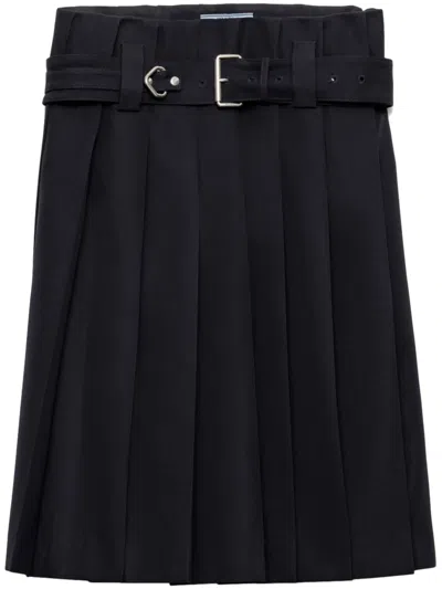Prada Belted Pleated Skirt In Blue