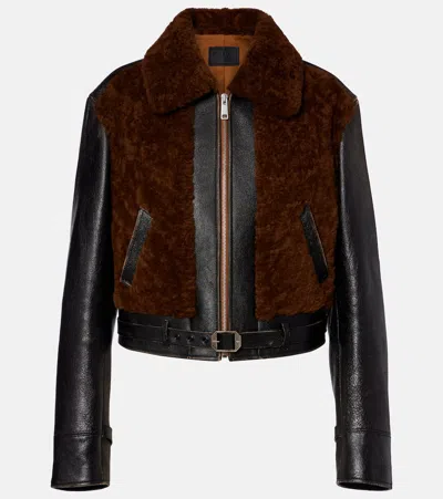 PRADA BELTED SHEARLING-TRIMMED LEATHER JACKET