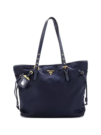Pre-owned Prada Belted Tessuto And Leather Medium Tote Bag In Blue