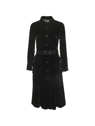 Pre-owned Prada Belted Velvet Midi Dress In Black