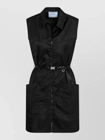 Prada Belted Waist Sleeveless Dress Front Pockets In Black