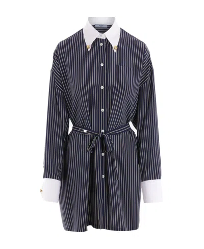 Prada Belted Waist Striped Dress In Black