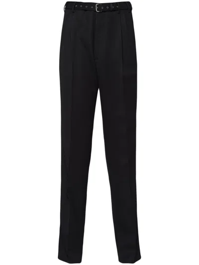 Prada Belted Wool Straight Leg Trousers In Black