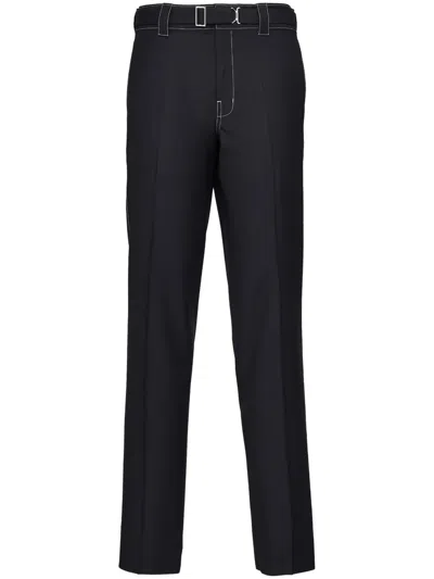 Prada Belted Wool Straight Trousers In Black