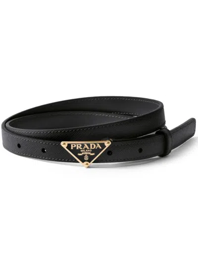 Prada Gold Metal Buckle Saffiano Leather Belt In Black