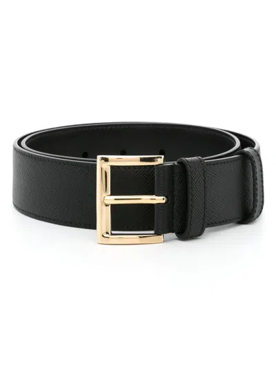Prada Leather Belt With Logo Plate In Black