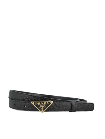 Prada Gold Metal Buckle Saffiano Leather Belt In Black