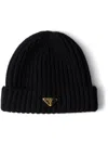 Prada Triangle-logo Ribbed Beanie In Black