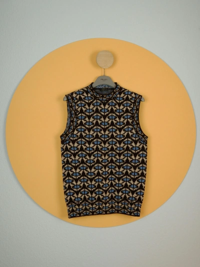 Pre-owned Prada Wool Geometric Jacquard Knit Vest In Dark Brown