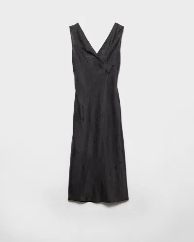 Prada Embroidered Vintage-effect Habutai Silk Dress In Black