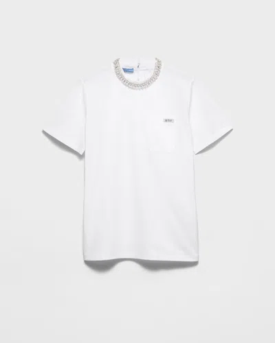 Prada Besticktes T-shirt Aus Jersey In White