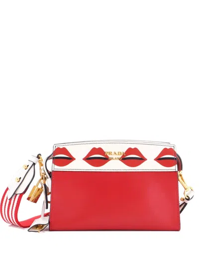 Pre-owned Prada Bibliotheque Printed Saffiano Leather Small Crossbody Bag In Red