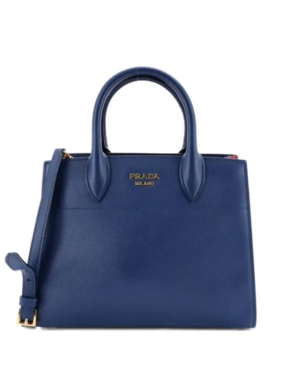 Pre-owned Prada Bibliotheque Saffiano With City Calf Small Tote Bag In Blue
