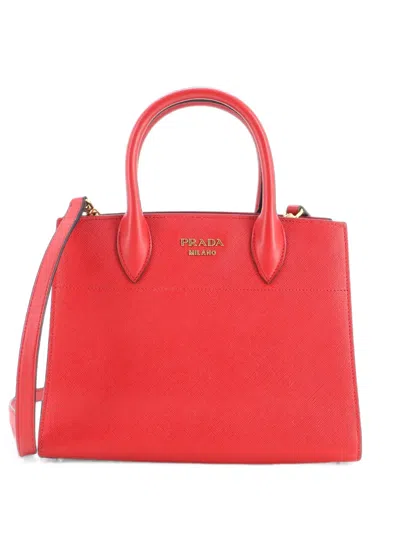 Pre-owned Prada Bibliotheque Saffiano With City Calf Small Tote Bag In Red
