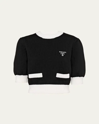 Prada Bicolor Cropped Knit Sweater In Black