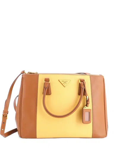 Pre-owned Prada Bicolor Double Zip Lux Saffiano Leather Medium Tote Bag In Brown