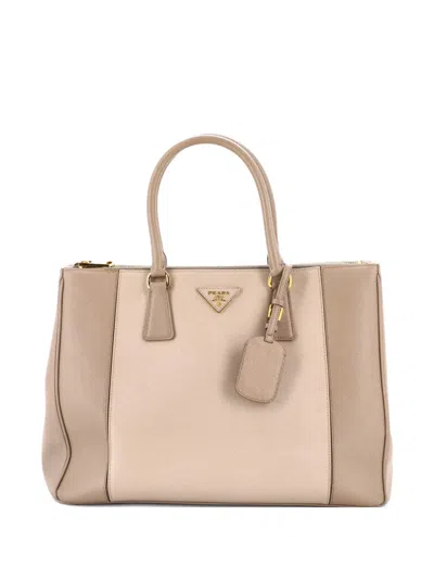 Pre-owned Prada Bicolor Double Zip Lux Saffiano Leather Medium Tote Bag In Neutral