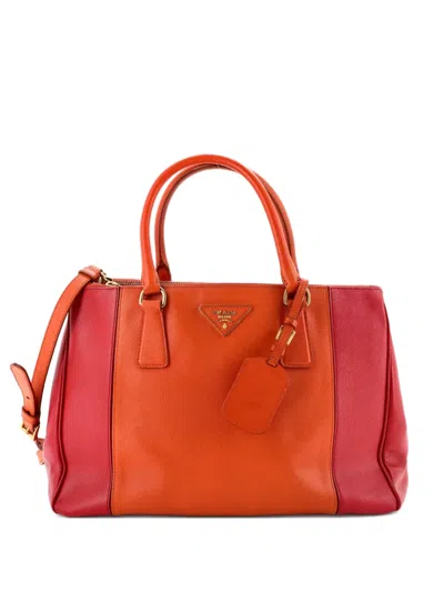 Pre-owned Prada Bicolor Double Zip Lux Saffiano Leather Medium Tote Bag In Orange