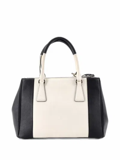 Pre-owned Prada Bicolor Double Zip Lux Saffiano Leather Small Tote Bag In White