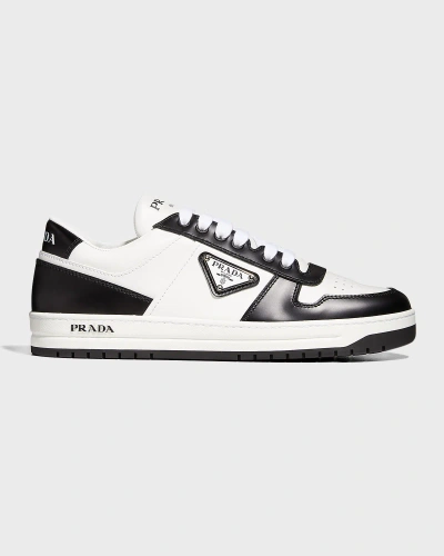 Prada Bicolor Leather Low-top Court Sneakers In White/black