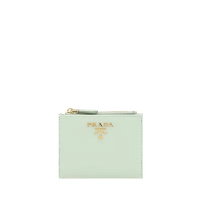 Prada Leather Bifold Wallet Zippered Pocket In Acqua+acquamarina
