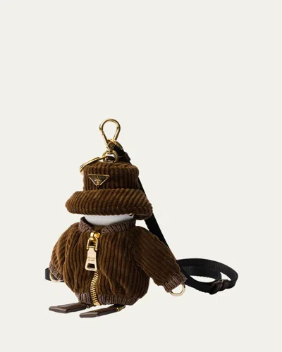 Prada Biggy Ribbed Velvet Robot Bag Charm In Tobacco