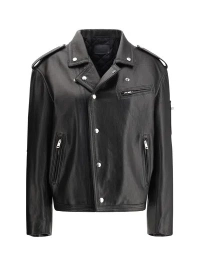 Prada Biker Leather Jacket In Black