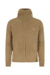 Prada Textured Alpaca Turtleneck Cardigan In Brown