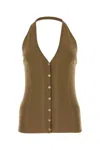 Prada Cotton Knit Halter V-neck With Ribbed Texture And Button Accents In Brown