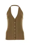 Prada Cotton Knit Halter V-neck With Ribbed Texture And Button Accents In Sughero