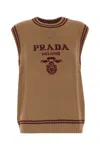 Prada Logo Wool And Cashmere Sweater Vest In Cammello+amaranto