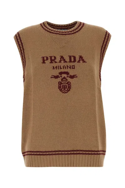 Prada Logo Wool And Cashmere Sweater Vest In Brown
