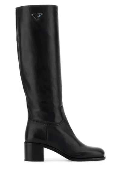 Prada Knee-high Leather Block Heel Boots In Black