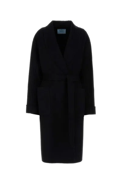 Prada Wool Blend Coat Belted Waist In Black