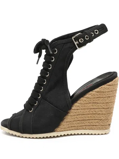 Pre-owned Prada Peep-toe Slingback Heeled Espadrilles In Black