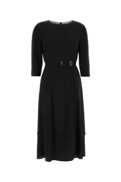 Prada Acetate Blend Dress Fitted Midi Belted In Black